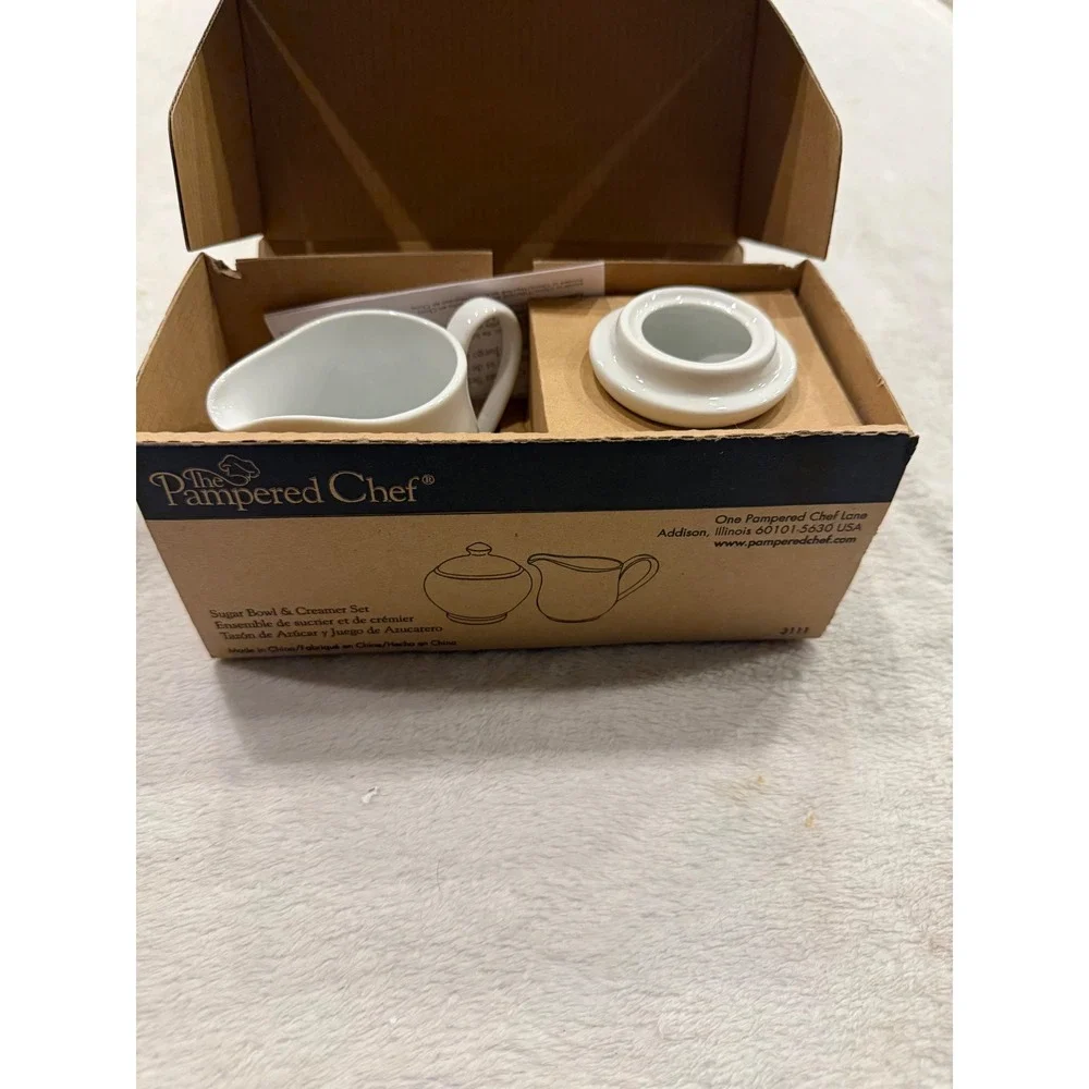 Pampered Chef Sugar Bowl and Creamer Set White Porcelain Simple Additions 3111